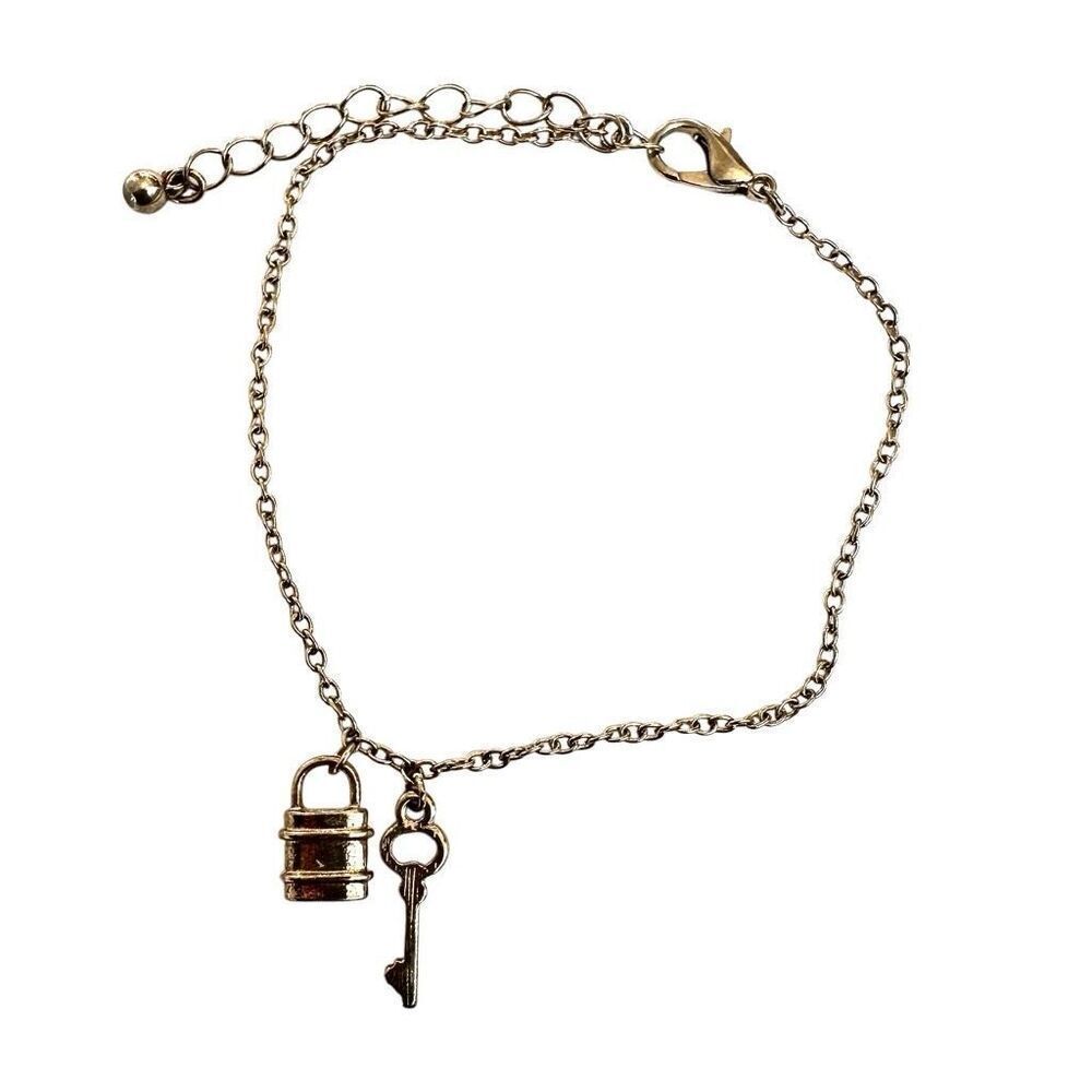 Gold tone lock and key charm chain bracelet
